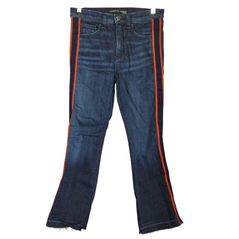 Veronica Beard Carolyn Baby Boot High Rise Jeans Midnight 26/2 Red Stripe Frayed
